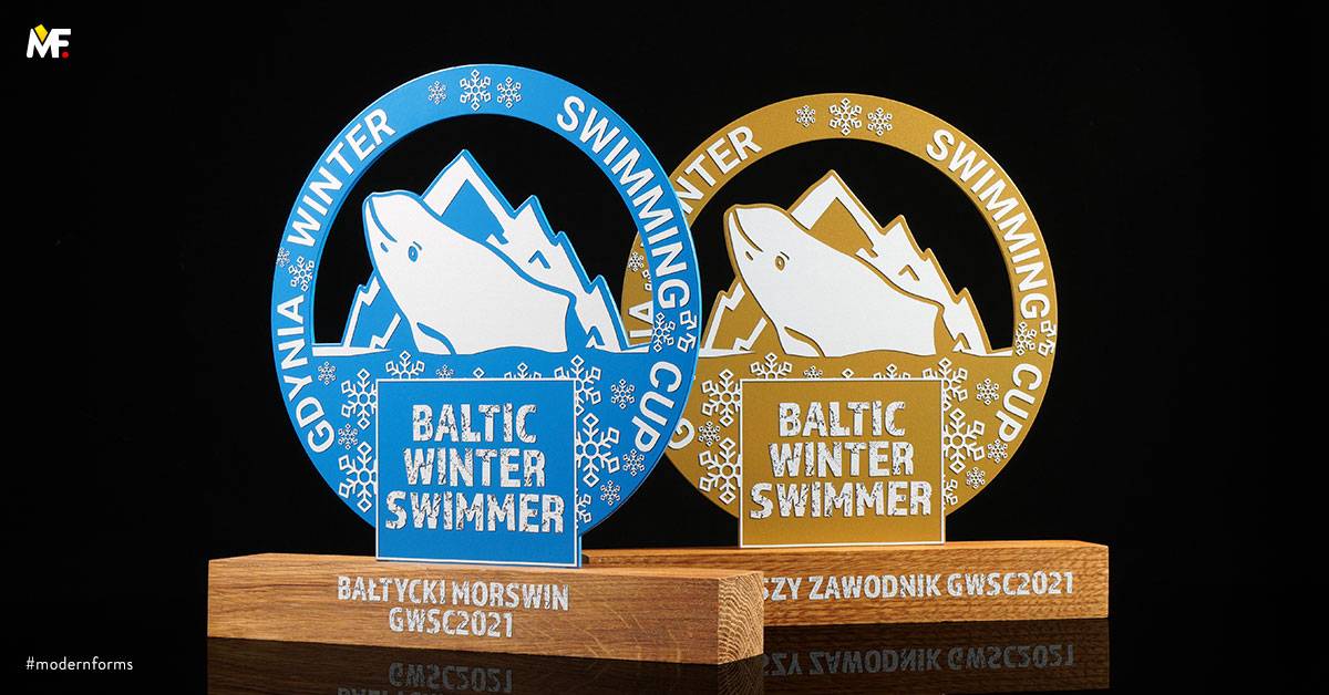 Trophies Sport Swimming Blue Cut outs Gold Standard Steel Wood 